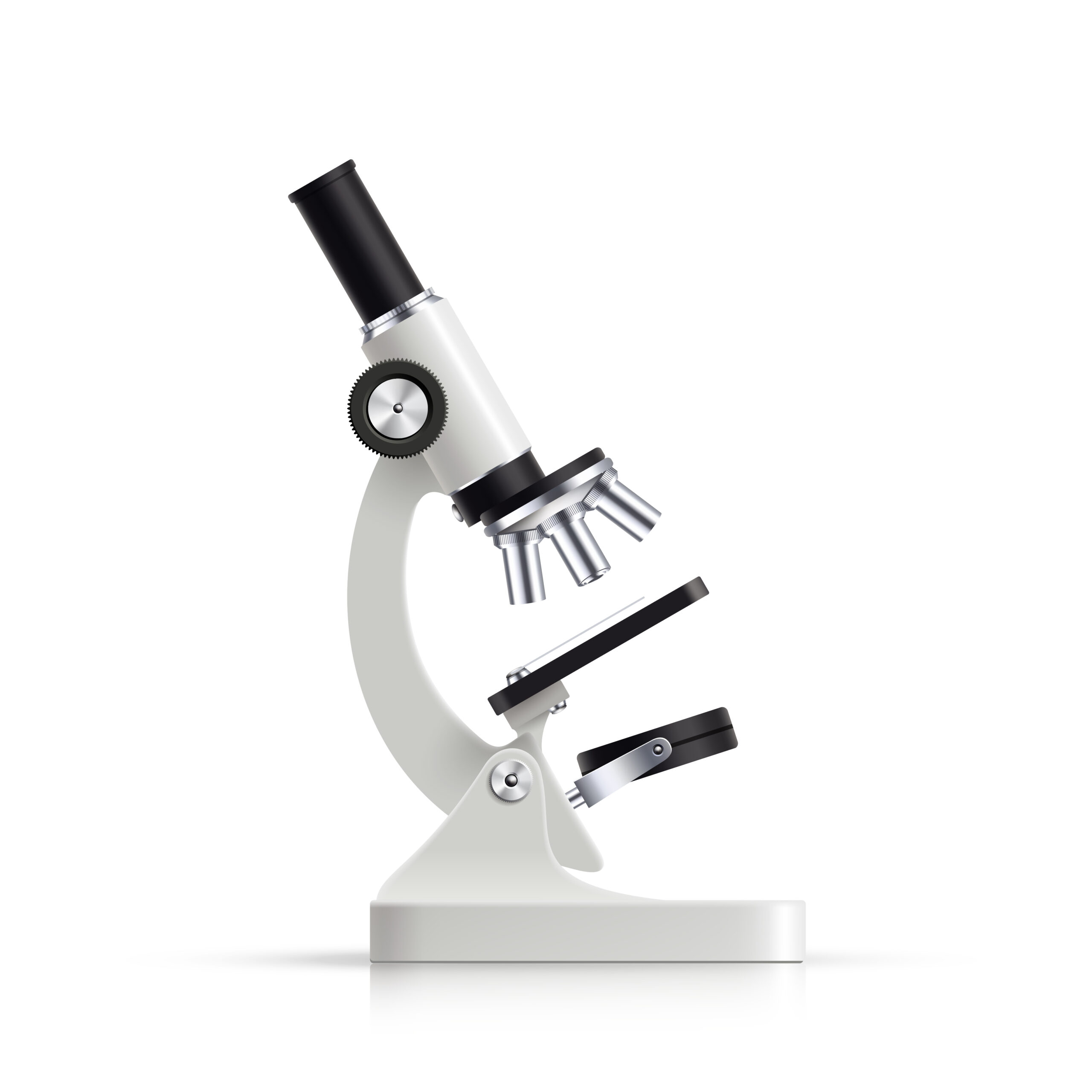 Bio medical laboratory high resolution optical or electronic white microscope single realistic object with reflection shadow vector illustration